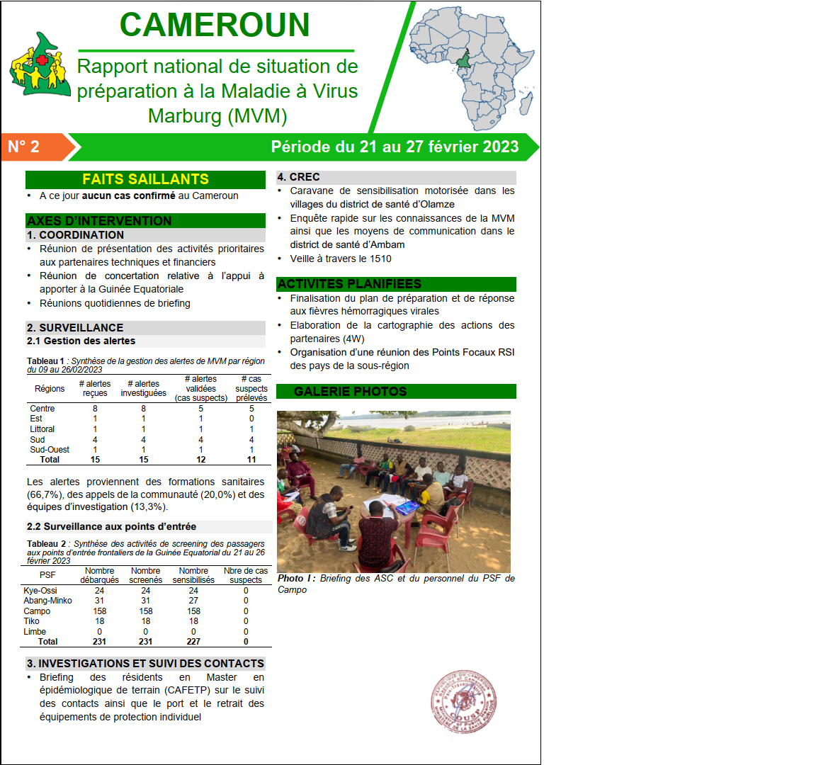 Sitrep N°2 MVM Cameroun Sud
